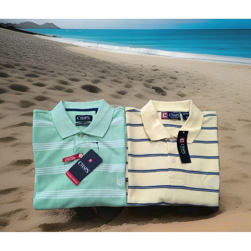LOT/2 CHAPS by RALPH LAUREN POLO SHIRT GREEN  YELLOW SHORT SLEEVE MENS SZ M  NWT
